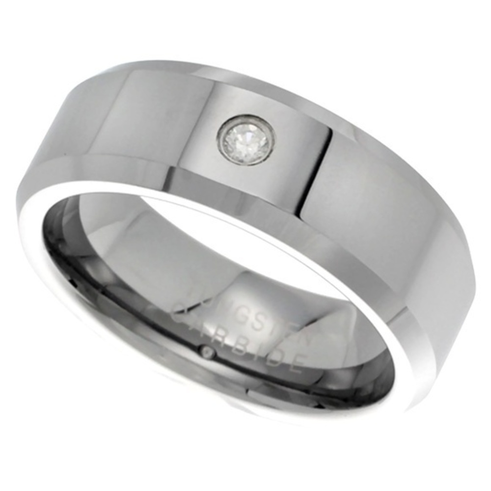 8mm Tungsten CZ Wedding Band Beveled Edges Comfort fit